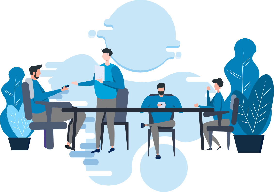 An illustration of colleagues in a meeting room discussing