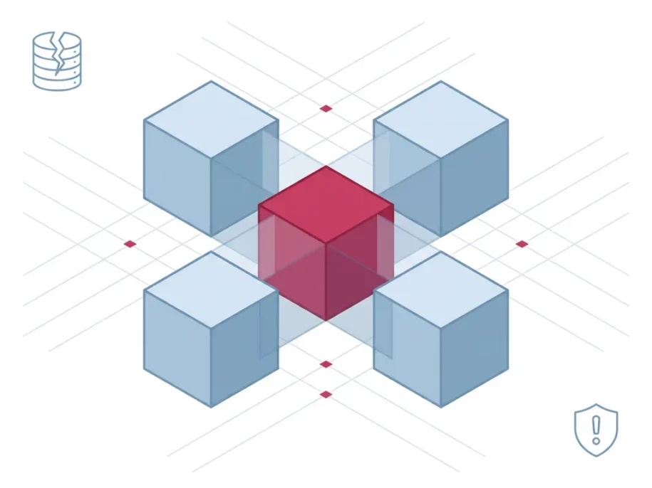 Five isometric hex-prisms in a cross formation, one central cube in crimson signaling failure among steel-blue cubes, with broken database and warning shield icons.