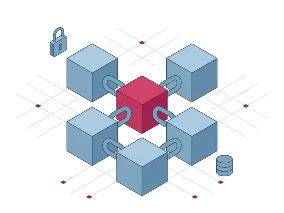 Isometric hexagonal cubes in cross formation with crimson center cube locked in steel-blue chain, padlock and database icons, clean tech illustration.