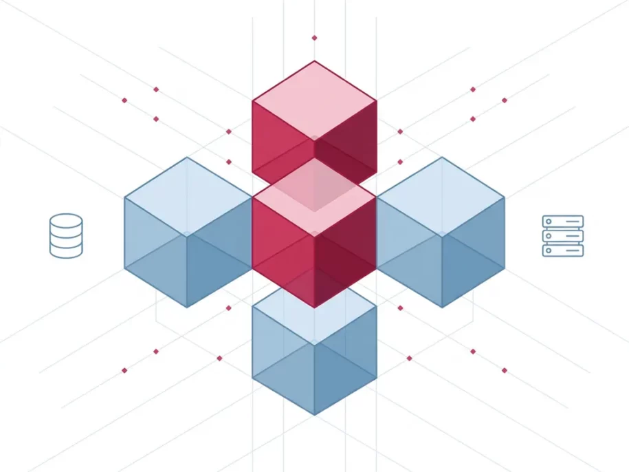 Isometric hexagonal cube prisms in crimson and steel-blue arranged in a cross formation with database and server icons on white background.