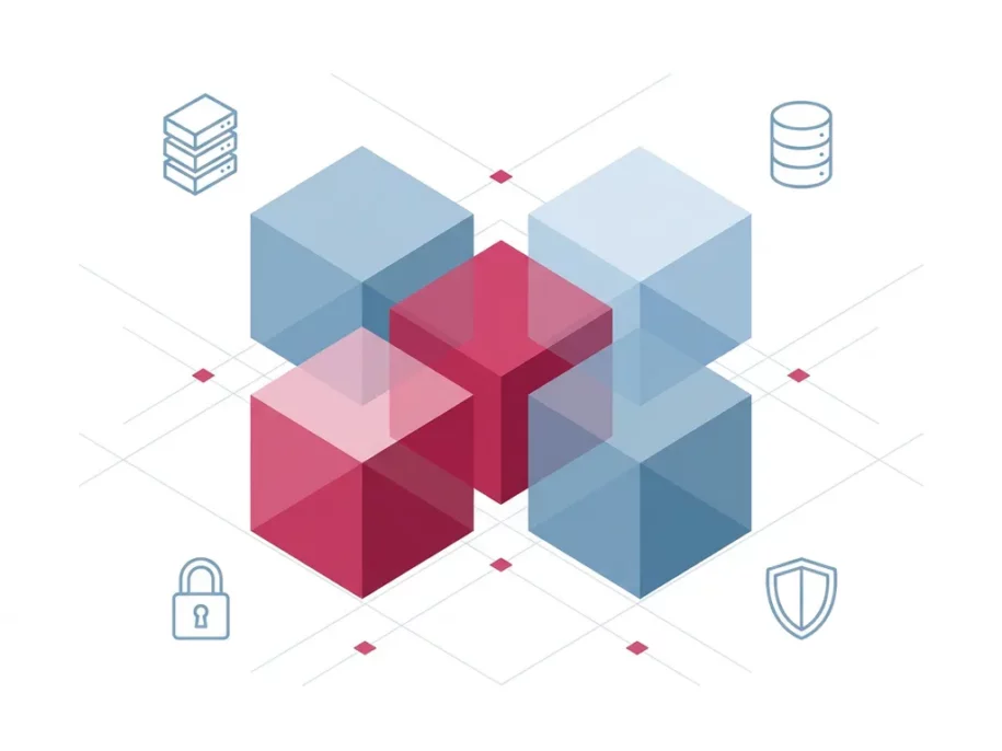 Isometric hexagonal cube cross formation with crimson-pink center cubes and steel-blue surrounding cubes, accented by server, database, padlock, and shield icons.