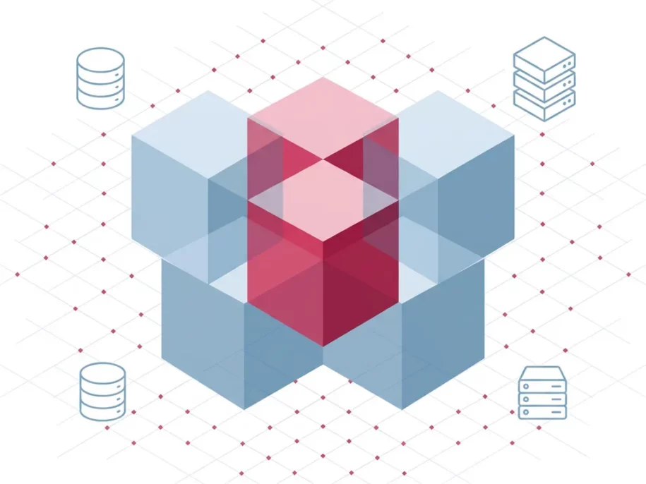 Isometric hexagonal cube cluster in crimson and steel-blue with database and server icons on a white grid background.