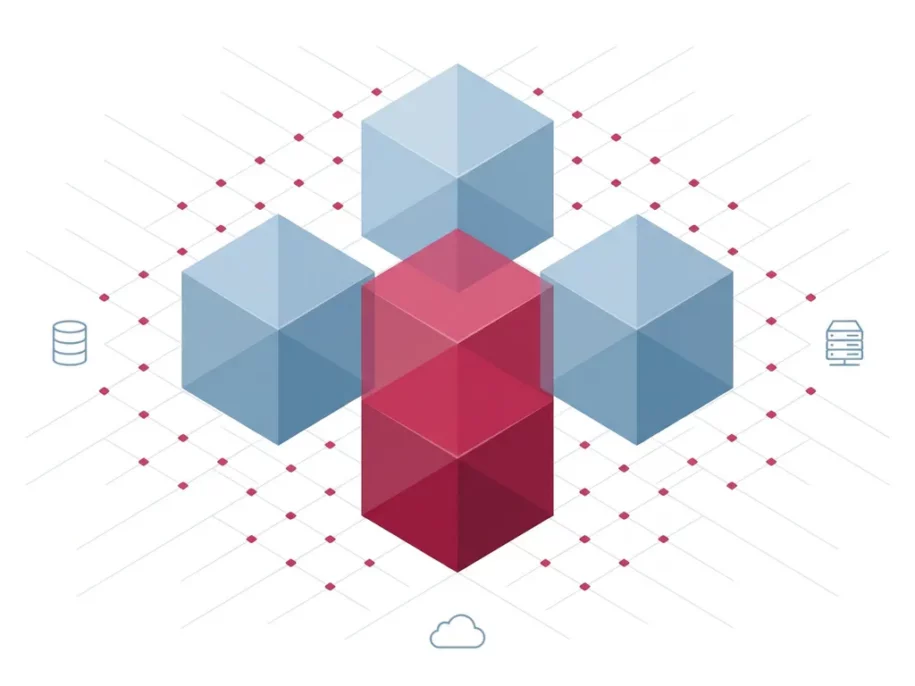 Isometric hexagonal cube prisms in crimson and steel-blue arranged in a plus formation with floating database, server, and cloud icons on a white background.
