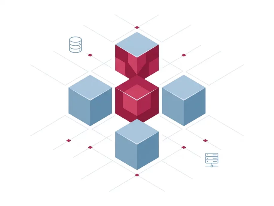 Isometric hexagonal cube prisms in crimson and steel-blue arranged in a cross formation with floating database and server icons on white background.