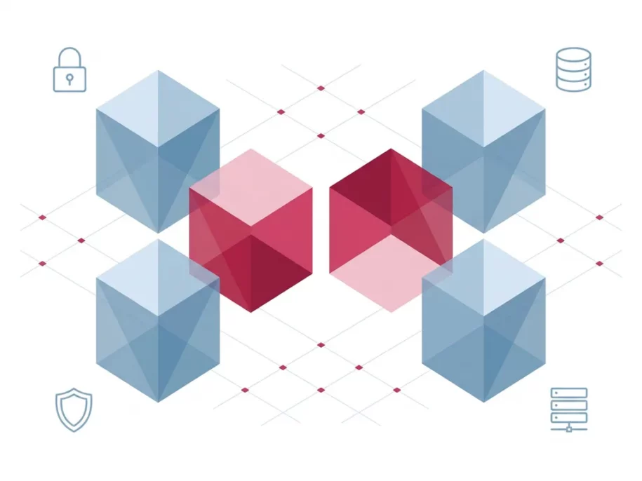 Isometric hexagonal cube prisms in crimson and steel-blue arranged in a cross pattern with security icons on a white background.