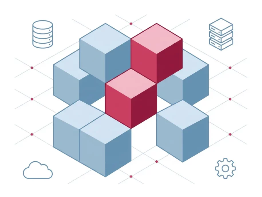 Isometric cross formation of hexagonal cube prisms with elevated crimson-accented center cubes indicating priority hierarchy above steel-blue surrounding cubes, with floating database and cloud icons.