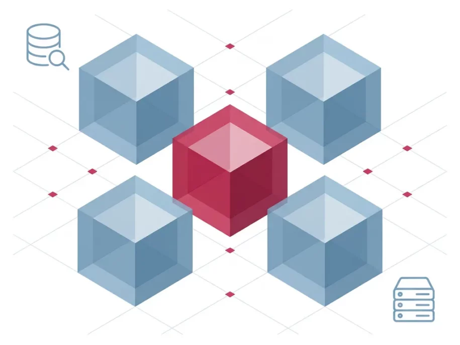 Isometric hexagonal cube cluster in plus formation, crimson center cube surrounded by four steel-blue cubes, with database and server icons on white background.