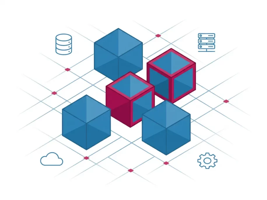 Isometric cluster of steel-blue hexagonal prisms with two crimson-pink accents, surrounded by floating database, server, cloud, and gear icons.