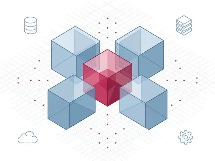 Isometric cross formation of steel-blue and crimson hexagonal cube prisms on white, with floating database, server, cloud, and gear icons.