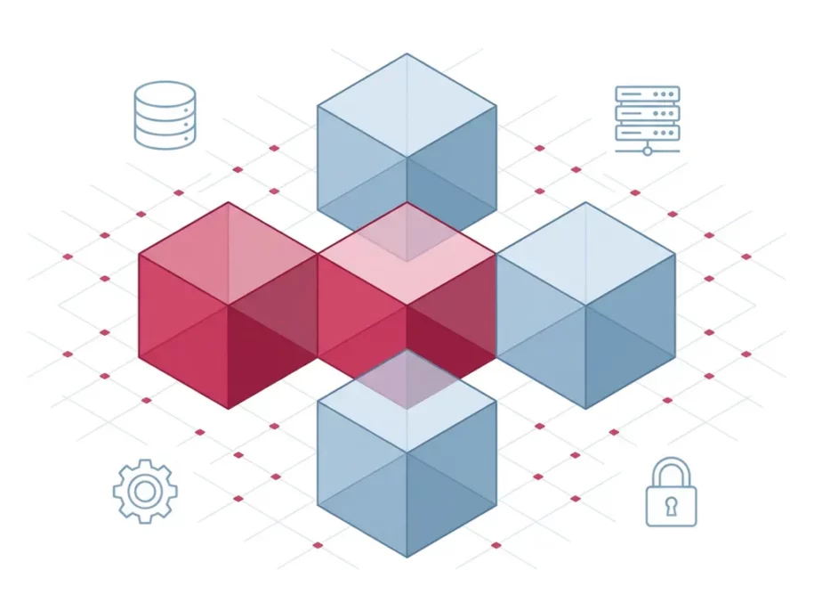Isometric hexagonal cube cross formation with crimson and steel-blue prisms, tech icons, and grid lines on white background.