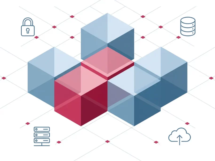 Isometric hexagonal cube prisms in crimson and steel-blue arranged in a plus formation with padlock, database, server, and cloud icons.