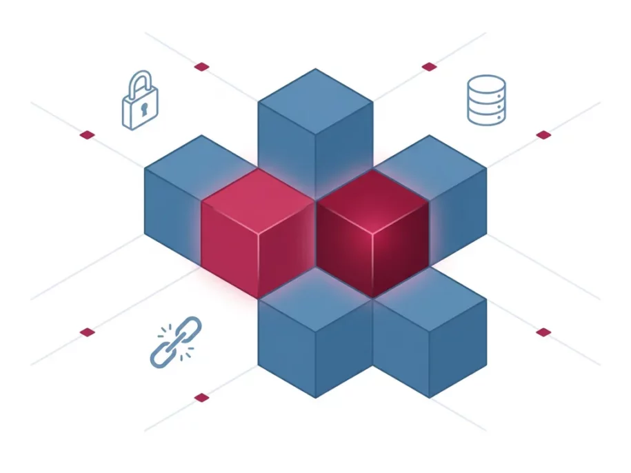 Isometric hexagonal cube cluster in steel-blue plus formation with two crimson-glowing central prisms, flanked by padlock, database, and broken chain icons.