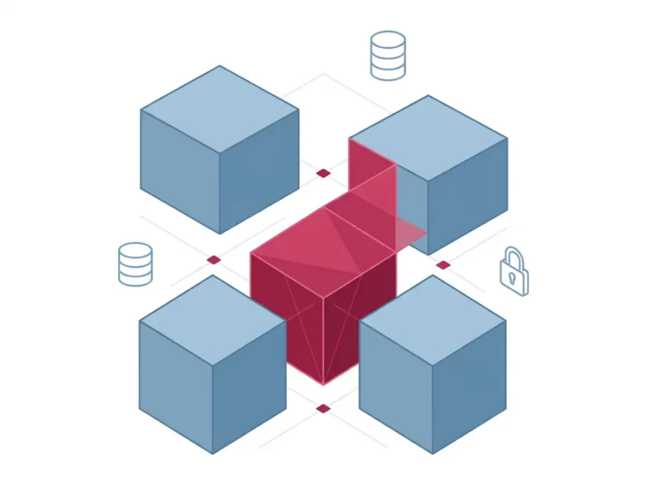 Isometric hexagonal cube cross formation with crimson and steel-blue prisms, floating database and padlock icons, flat vector tech illustration.