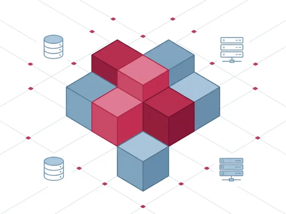 Isometric hexagonal cube cluster in crimson and steel-blue with floating database and server icons on a white grid background.