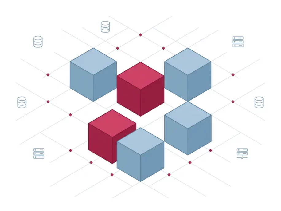 Isometric hexagonal cube prisms in crimson and steel-blue cross formation with floating database and server icons on white background.