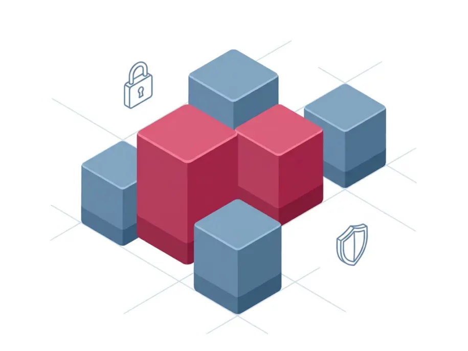 Isometric cluster of steel-blue hexagonal prisms in a cross formation with two crimson-pink accent cubes and floating padlock and shield icons.
