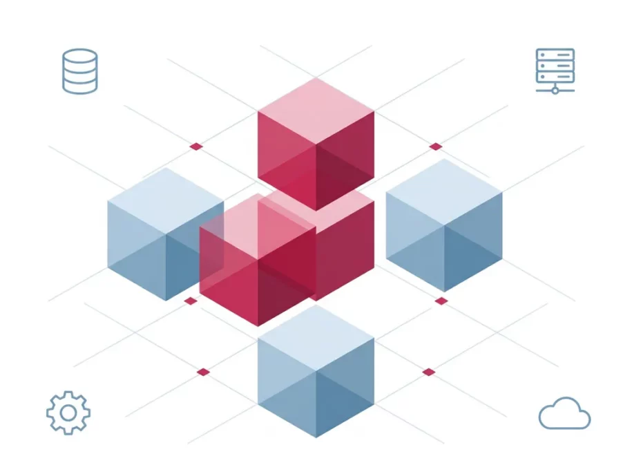 Isometric cross formation of crimson and steel-blue hexagonal cube prisms with floating database, server, gear, and cloud icons on white background.