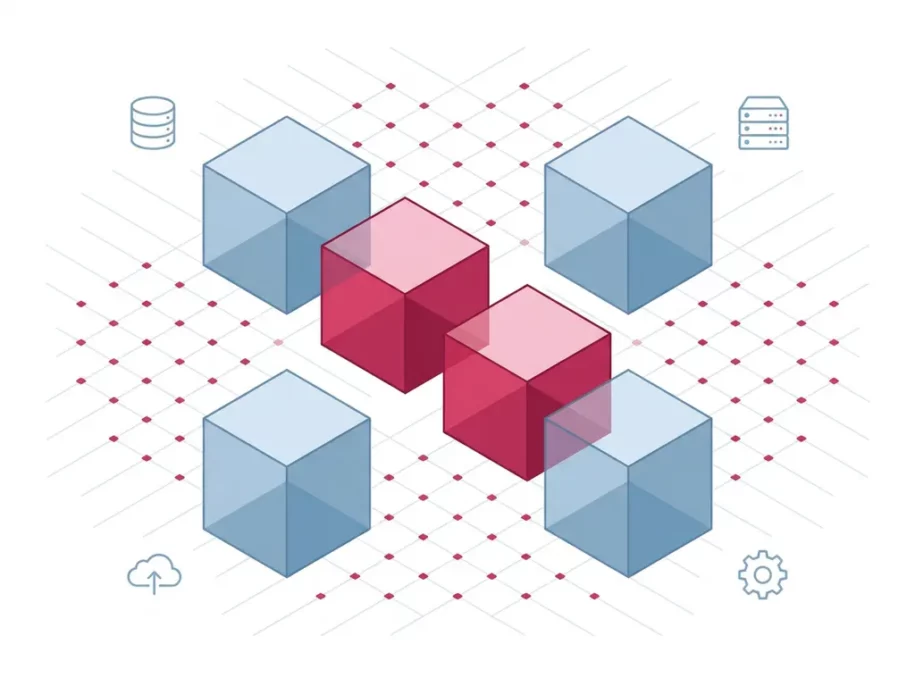 Isometric hexagonal cube prisms in crimson-pink and steel-blue cross formation with database, server, cloud, and gear icons on white background.
