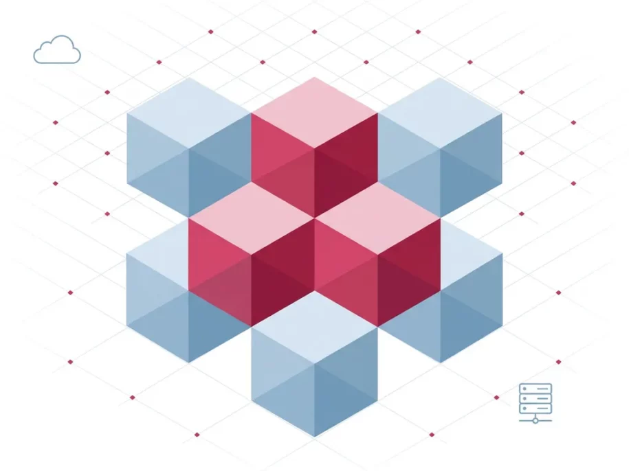 Isometric hexagonal cube prisms in a plus formation, crimson and steel-blue, with cloud and server icons on a white background.