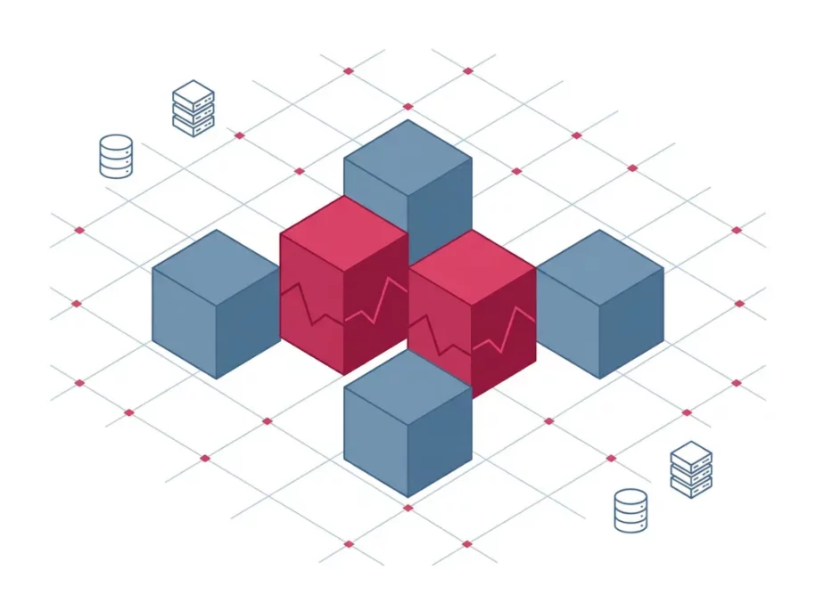 Steel-blue isometric hexagonal prisms in a plus formation with two crimson-highlighted cubes indicating database instability, flat vector tech illustration.