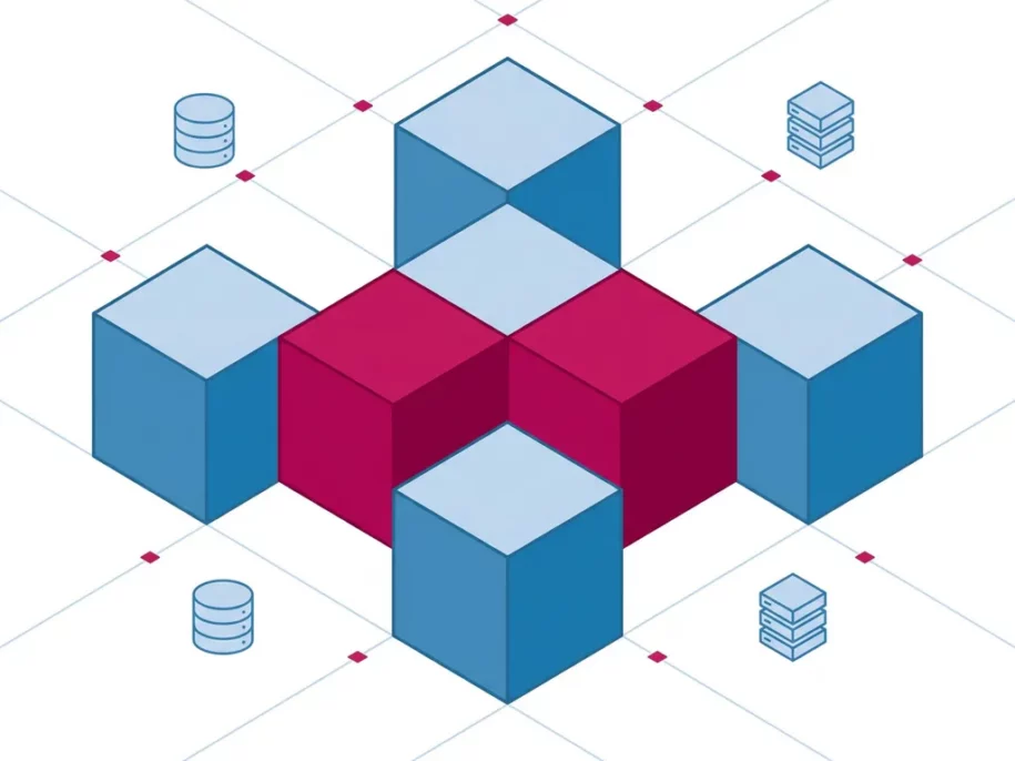 Isometric steel-blue hexagonal prisms in a cross formation with two crimson-pink accent cubes and floating database icons on a white background.