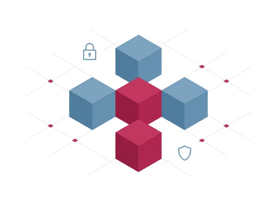 Isometric steel-blue hexagonal prisms in a cross formation with two crimson-pink center cubes, padlock and shield icons, on a white background.