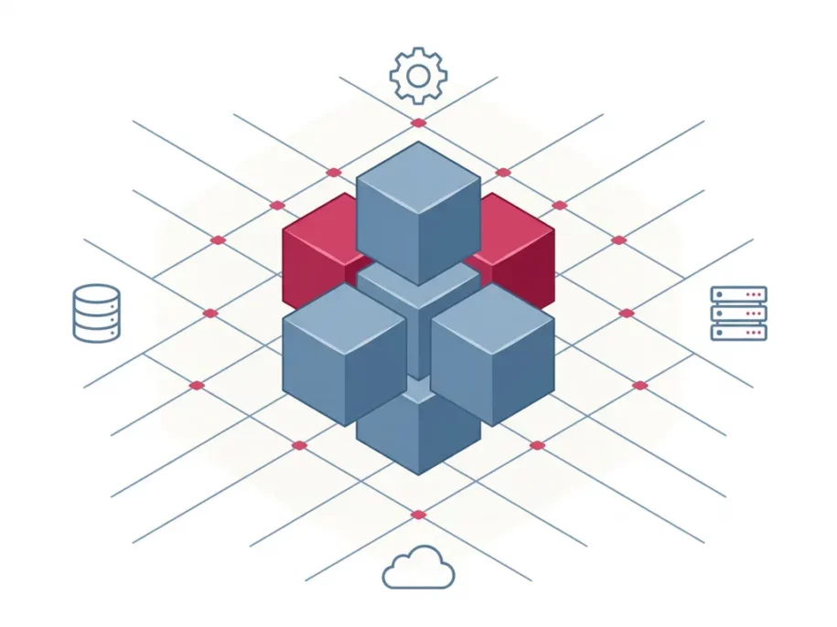 Isometric cluster of steel-blue hexagonal prisms in a plus formation with crimson-pink accents and floating tech icons on white background.