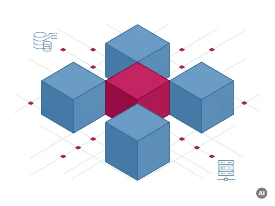 Isometric steel-blue hexagonal prisms in a plus formation with two crimson-pink accent cubes, database and server icons, on a white background.