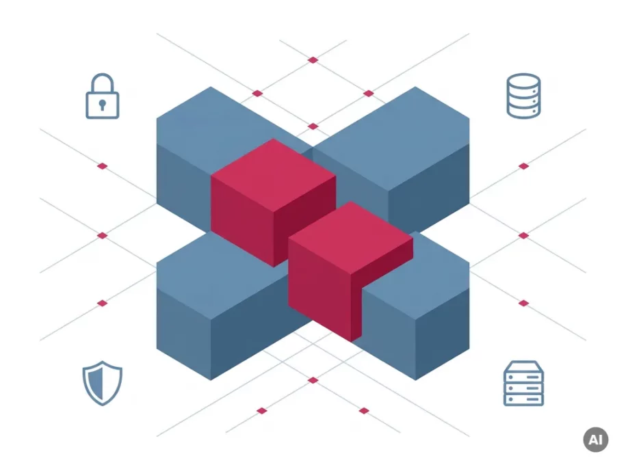 Isometric hexagonal prism cluster in steel-blue with crimson accents, surrounded by padlock, shield, database, and server security icons.