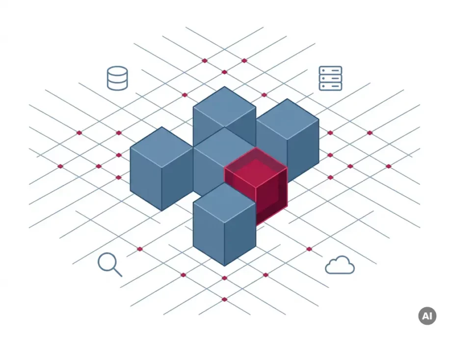 Steel-blue hexagonal prisms in plus formation with a glowing crimson central cube, surrounded by database, search, server, and cloud icons on white background.