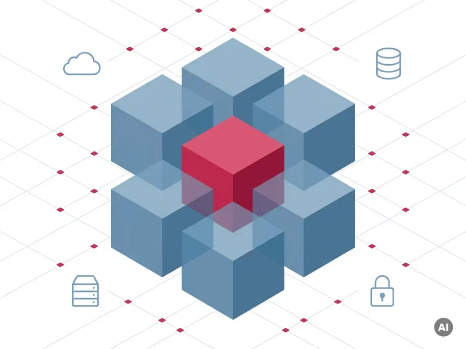 Isometric hexagonal cube cluster in plus formation with crimson center cube, steel-blue surrounding cubes, and floating cloud, database, server, and padlock icons.