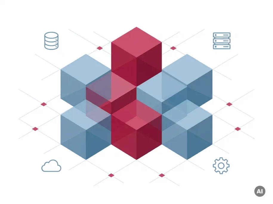 Isometric hexagonal cube cluster in crimson and steel-blue with tech icons and grid lines on white background.