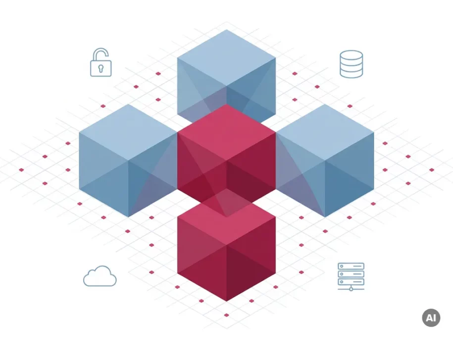 Isometric hexagonal cube cross formation in crimson-pink and steel-blue with floating padlock, database, cloud, and server icons on white background.