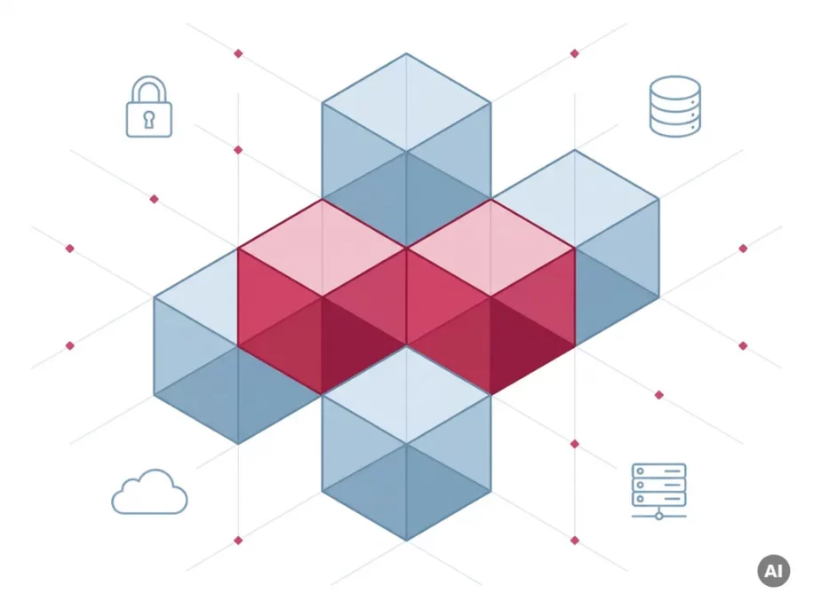 Isometric hexagonal cube cluster in crimson and steel-blue tones with floating padlock, database, cloud, and server icons on white background.