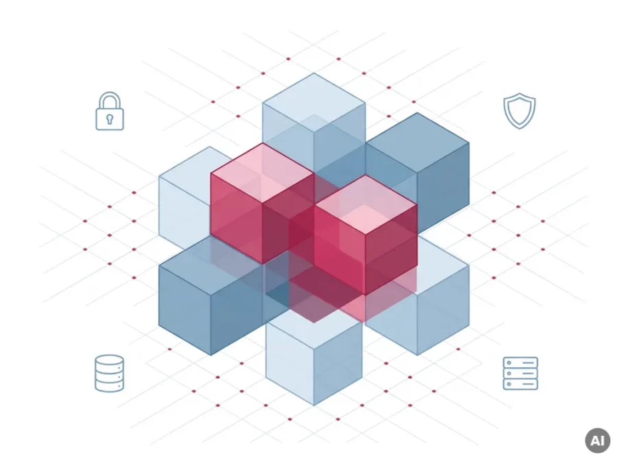 Isometric hexagonal cube cluster in crimson and steel-blue with padlock, shield, database, and server icons on a white grid background.