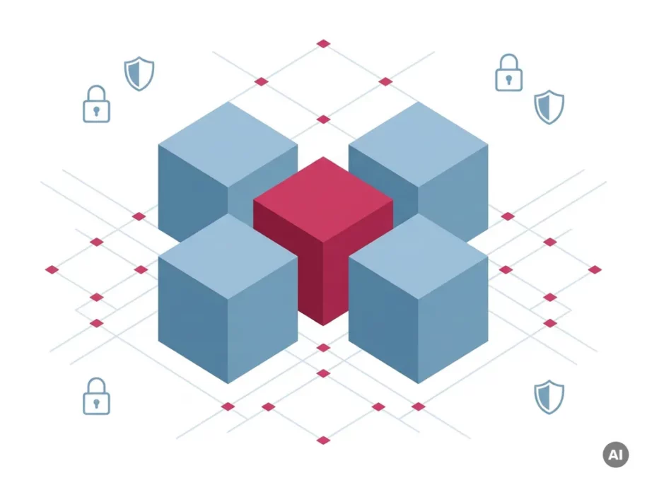 Isometric hex cube cluster in plus formation with central crimson prism, four steel-blue prisms, and floating padlock and shield icons on white.