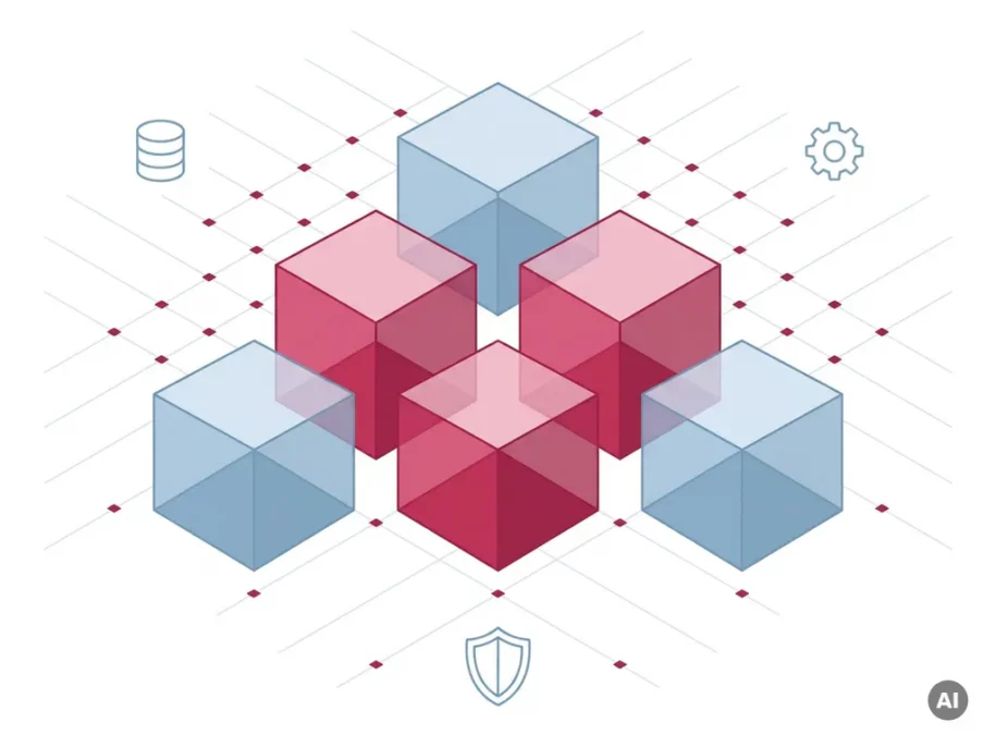Isometric hexagonal cube cluster in crimson and steel-blue with floating database, gear, and shield icons on white background.
