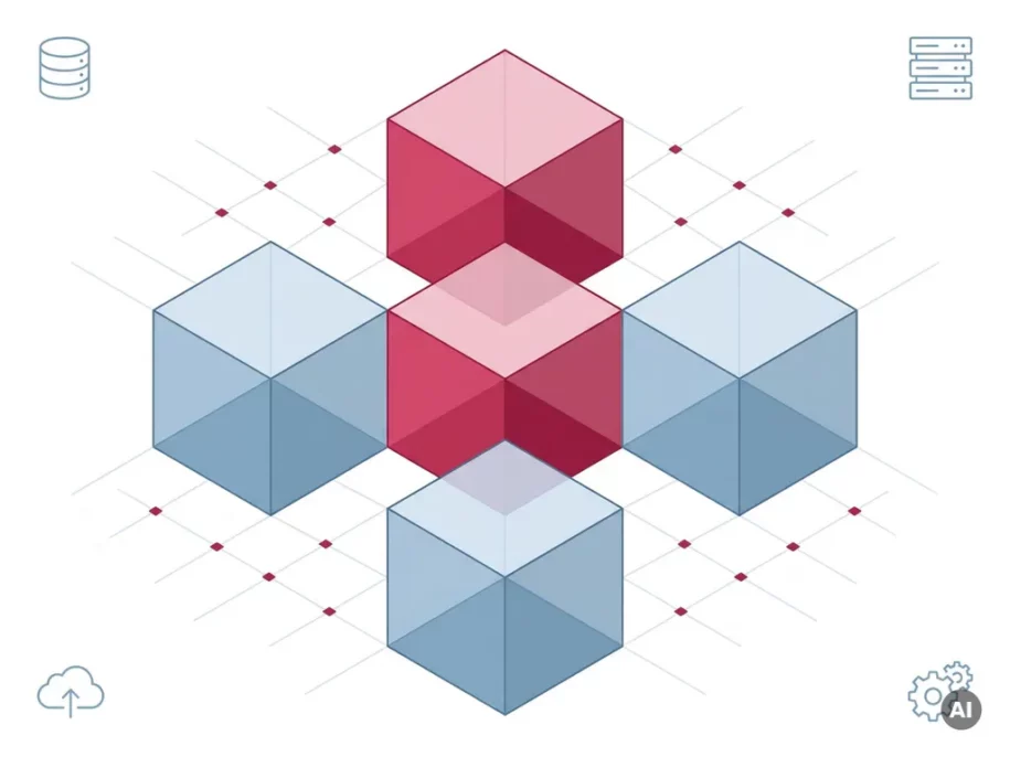 Isometric hexagonal cube prisms in crimson and steel-blue arranged in a cross pattern with floating tech icons on white background.