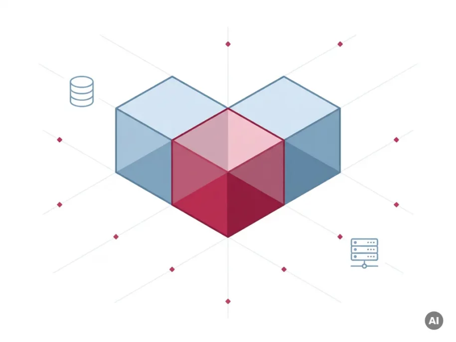 Three isometric hexagonal cubes clustered together, two in steel-blue and one in deep crimson, with database and server icons on a white background.