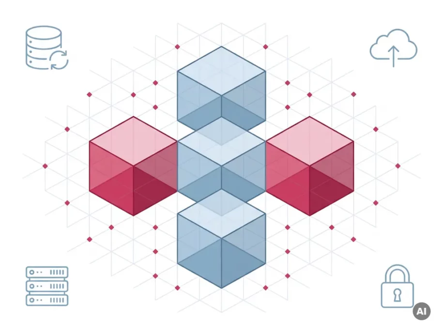 Isometric hexagonal cubes in crimson and steel-blue plus formation with floating database, cloud, server, and padlock icons on white background.