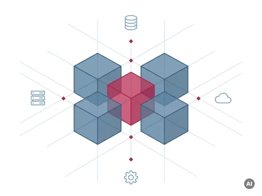 Isometric hexagonal cube cluster in plus formation with crimson center cube, steel-blue surrounding cubes, and floating tech icons on white background.