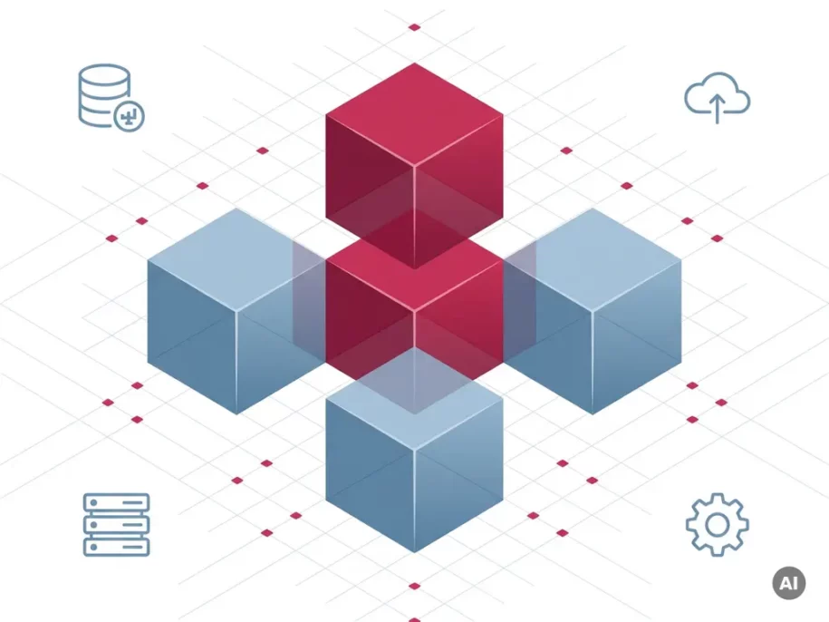 Isometric hexagonal prisms in crimson and steel-blue plus formation with floating database, cloud, server, and gear icons on white background.