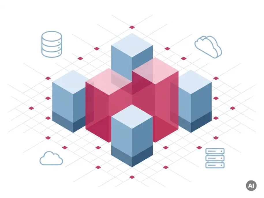 Isometric hexagonal cube cluster in plus formation with crimson-pink center and steel-blue surrounding prisms, featuring database, cloud, and server icons on white background.