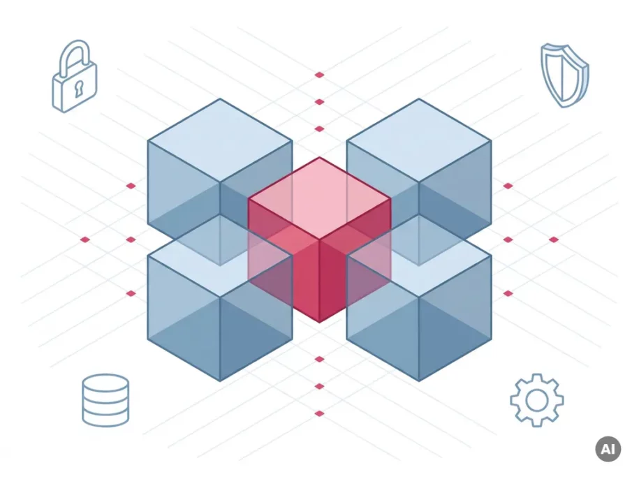 Isometric hexagonal cube cross with central crimson prism surrounded by four steel-blue cubes, security icons, and grid lines on white background.