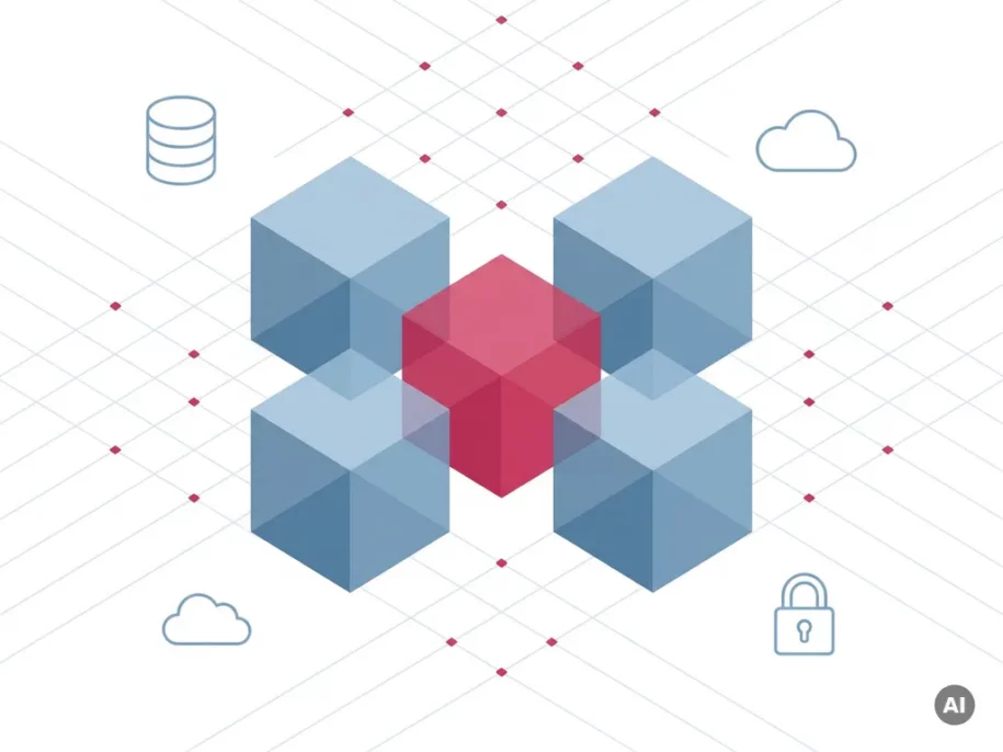 Isometric cross formation of five hexagonal prisms, central crimson cube surrounded by four steel-blue cubes, with database, cloud, and padlock icons on white background.