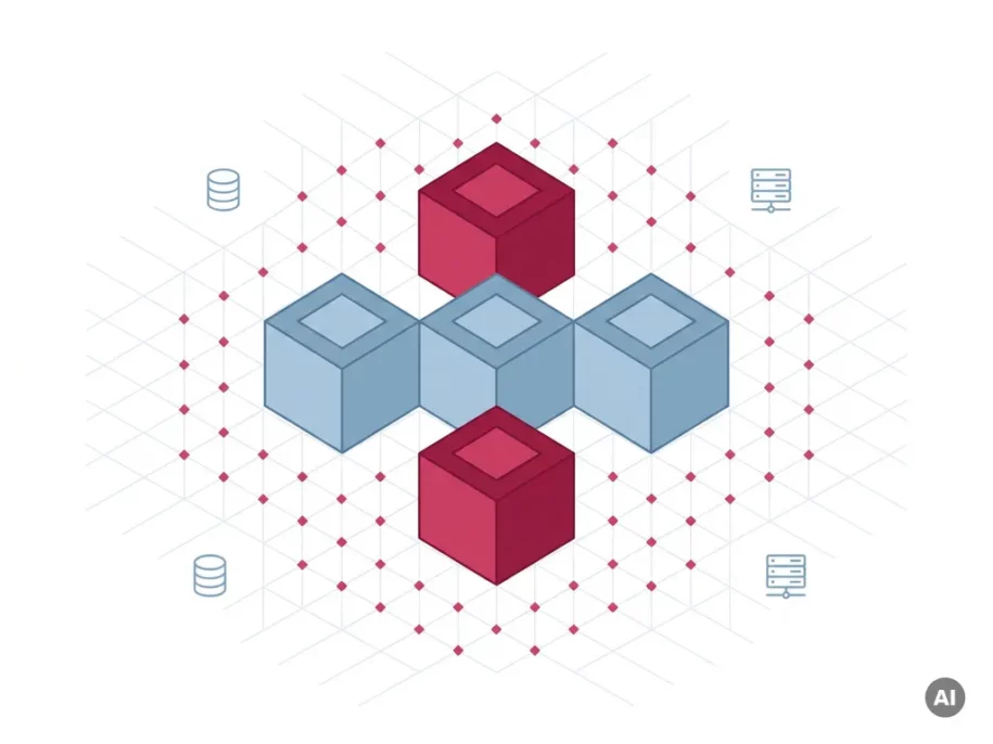 Isometric hexagonal cube cluster in plus formation with crimson and steel-blue accents, floating database icons, and grid lines on white background.