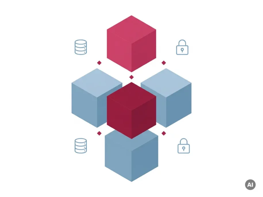 Isometric hexagonal cube cluster in cross formation with crimson and steel-blue prisms, floating database and padlock icons, flat vector style.