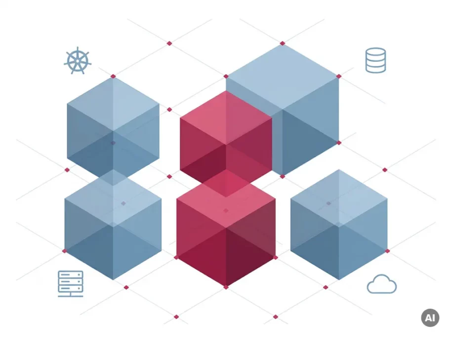 Isometric hexagonal cube cluster in crimson and steel-blue plus formation with floating Kubernetes, database, server, and cloud icons on white background.