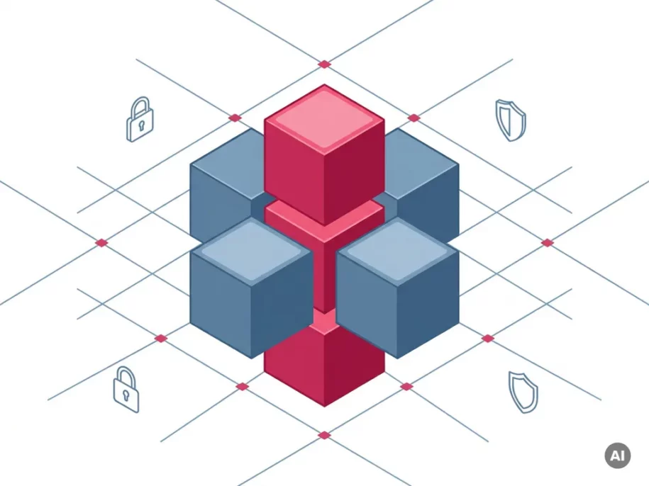 Isometric steel-blue hexagonal prisms in a plus formation with two crimson-pink center cubes, padlock and shield icons, flat vector tech illustration.