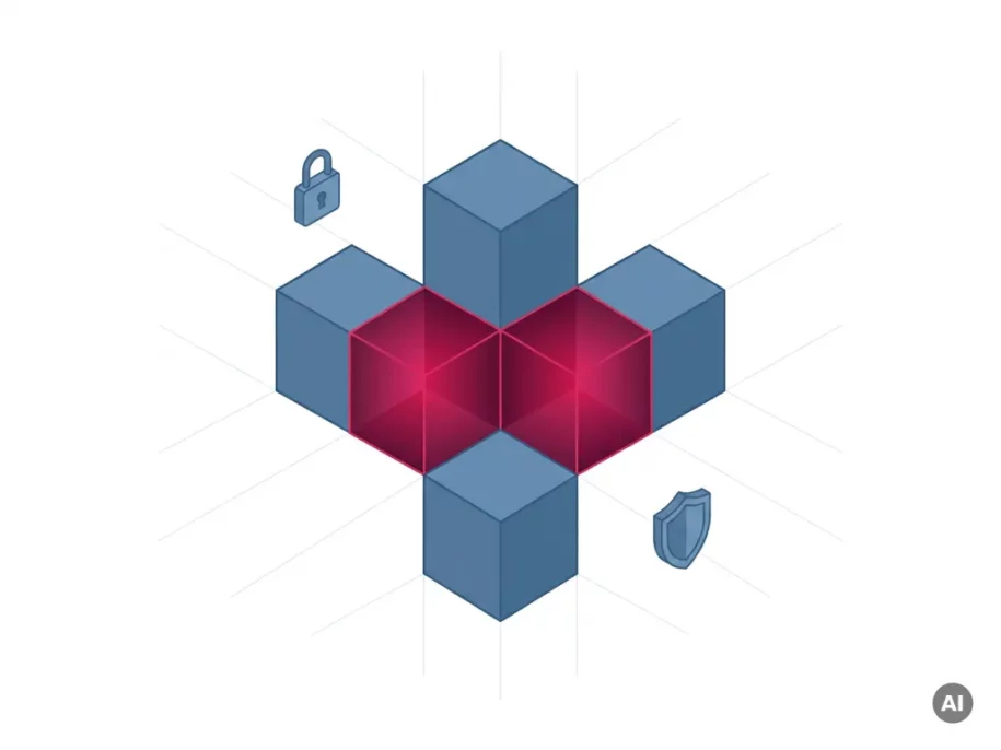 Steel-blue isometric hexagonal cubes in plus formation with crimson-glowing core, padlock and shield icons, flat vector tech illustration.